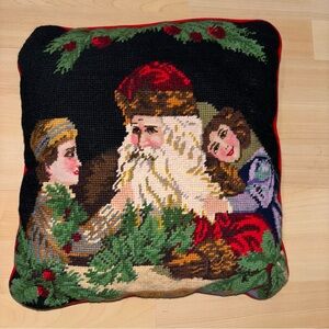 Christmas Vintage Santa Noel Children Needlepoint Pillow 13x13 Holly Home Decor